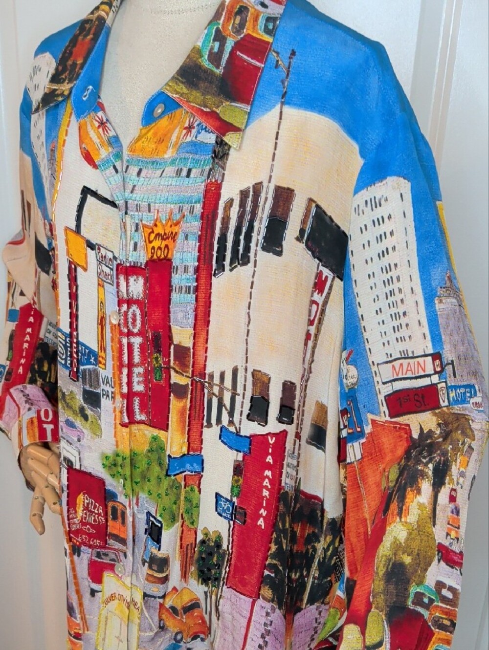 Vintage 80s Nicole Taylor Silk Blouse Retro Beaded City Pattern XL - Picture 3 of 13